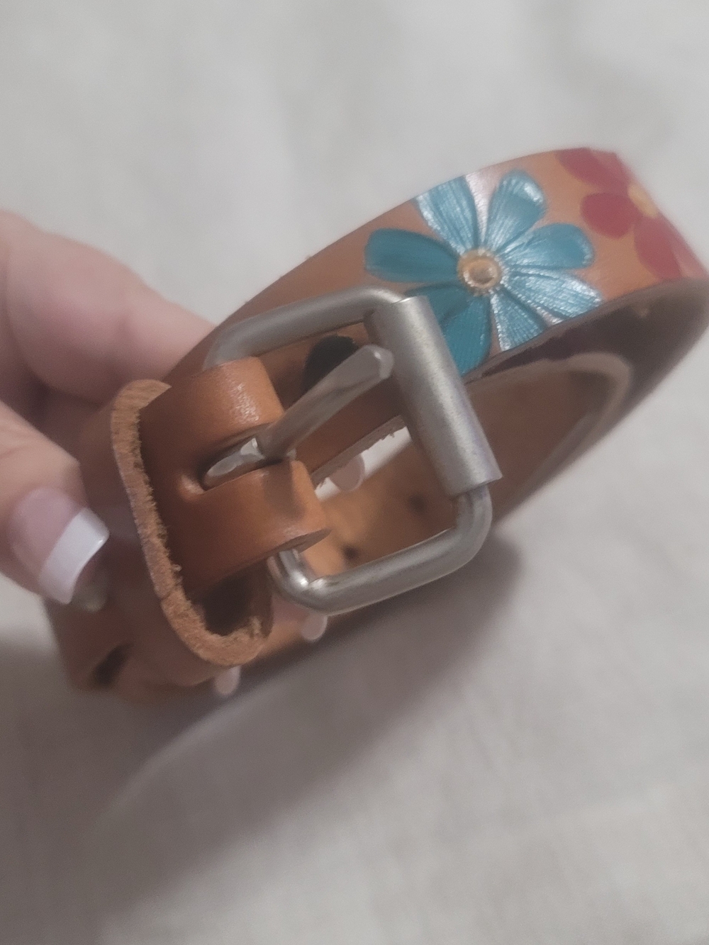 Hand-Painted Floral Leather Belt - Brown/Tan